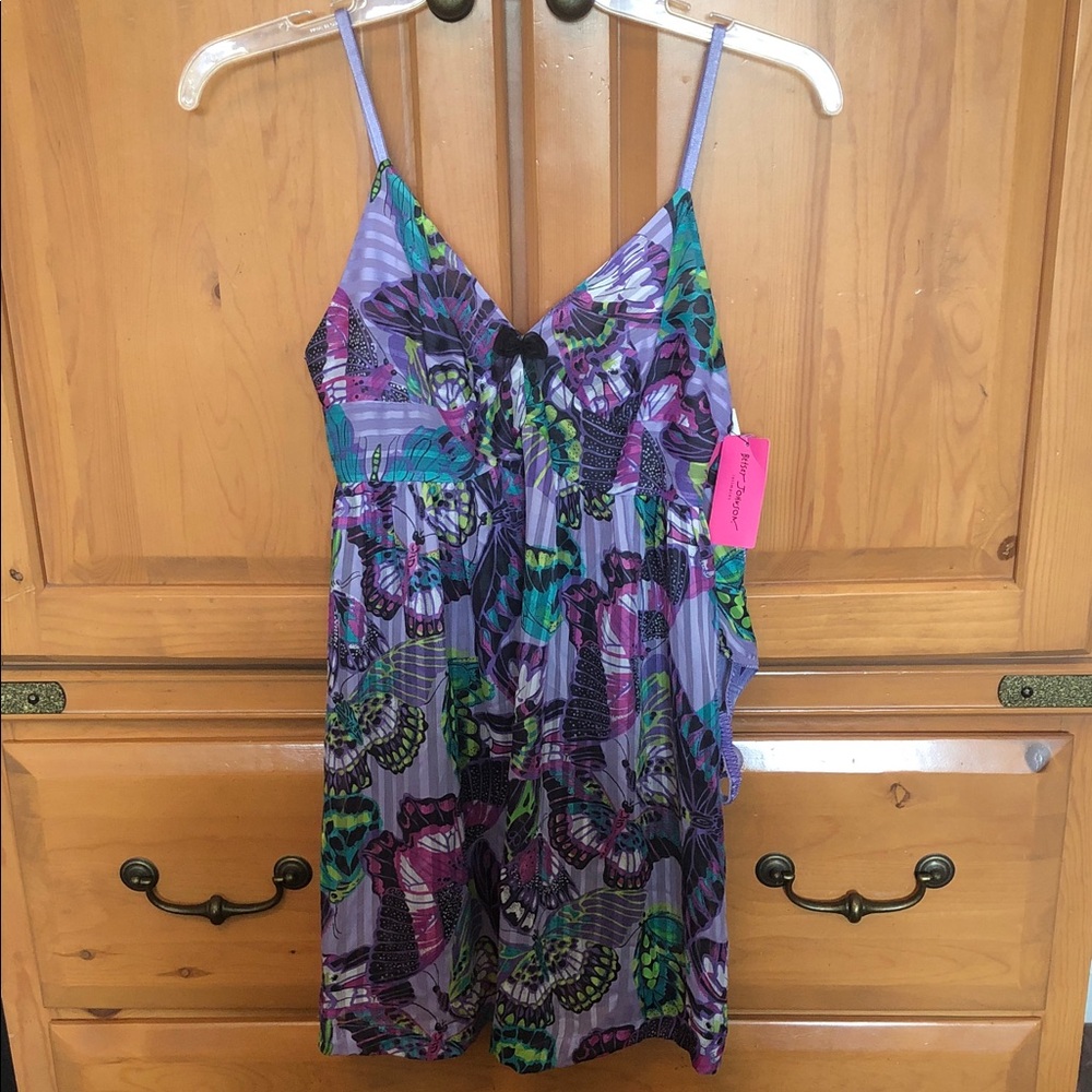 NWT Betsey Johnson Medium Purple Babydoll Butterfly Print Chemise w/ Thong $75